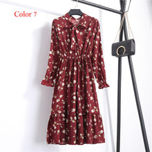 Load image into Gallery viewer, Chiffon High Elastic Waist Party Dress Bow A-line Women Full Sleeve Flower Print Floral Bohemian Dress Female Vestido Plus Size