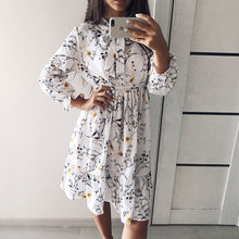 Load image into Gallery viewer, Chiffon High Elastic Waist Party Dress Bow A-line Women Full Sleeve Flower Print Floral Bohemian Dress Female Vestido Plus Size