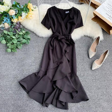 Load image into Gallery viewer, ALPHALMODA 2019 Summer Ladies Ruffled Short-sleeved Wrap Dress V-neck High Waist Solid Graceful Women Sashes Vestidos