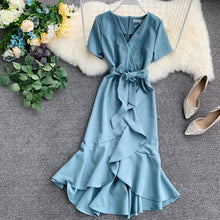 Load image into Gallery viewer, ALPHALMODA 2019 Summer Ladies Ruffled Short-sleeved Wrap Dress V-neck High Waist Solid Graceful Women Sashes Vestidos