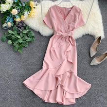 Load image into Gallery viewer, ALPHALMODA 2019 Summer Ladies Ruffled Short-sleeved Wrap Dress V-neck High Waist Solid Graceful Women Sashes Vestidos