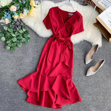 Load image into Gallery viewer, ALPHALMODA 2019 Summer Ladies Ruffled Short-sleeved Wrap Dress V-neck High Waist Solid Graceful Women Sashes Vestidos