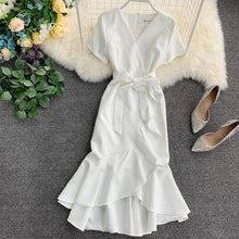 Load image into Gallery viewer, ALPHALMODA 2019 Summer Ladies Ruffled Short-sleeved Wrap Dress V-neck High Waist Solid Graceful Women Sashes Vestidos