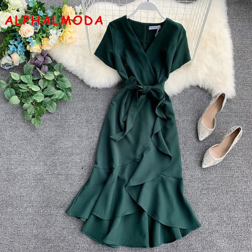 ALPHALMODA 2019 Summer Ladies Ruffled Short-sleeved Wrap Dress V-neck High Waist Solid Graceful Women Sashes Vestidos