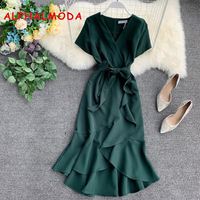 ALPHALMODA 2019 Summer Ladies Ruffled Short-sleeved Wrap Dress V-neck High Waist Solid Graceful Women Sashes Vestidos