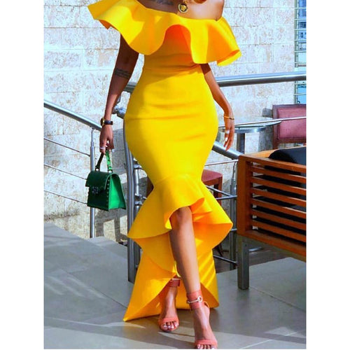 Women Maxi Dress Sexy Off Shoulder Fashion Yellow Ladies Strapless Asymmetric High Low Bodycon Evening Ruffles Party Long Dress