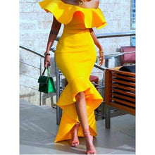 Load image into Gallery viewer, Women Maxi Dress Sexy Off Shoulder Fashion Yellow Ladies Strapless Asymmetric High Low Bodycon Evening Ruffles Party Long Dress
